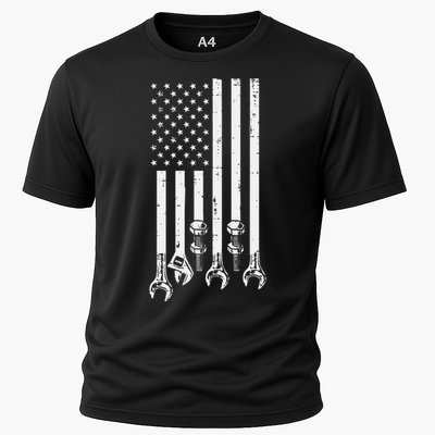 Wrench Usa American Flag Car Mechanic Garage Patriotic Cooling Performance Crew T-Shirt