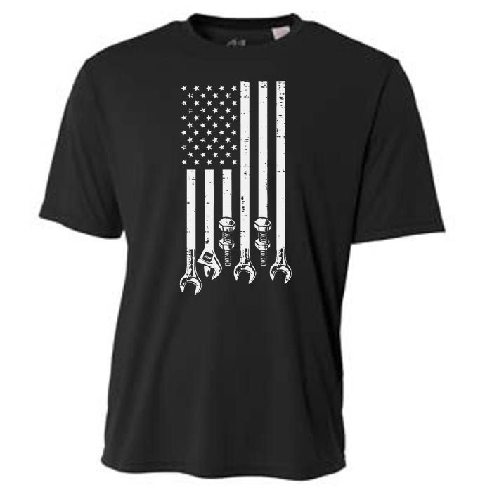 Wrench Usa American Flag Car Mechanic Garage Patriotic Cooling Performance Crew T-Shirt