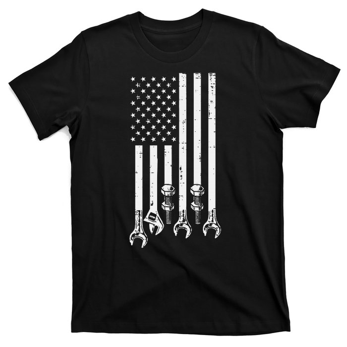 Wrench Usa American Flag Car Mechanic Garage Patriotic T-Shirt