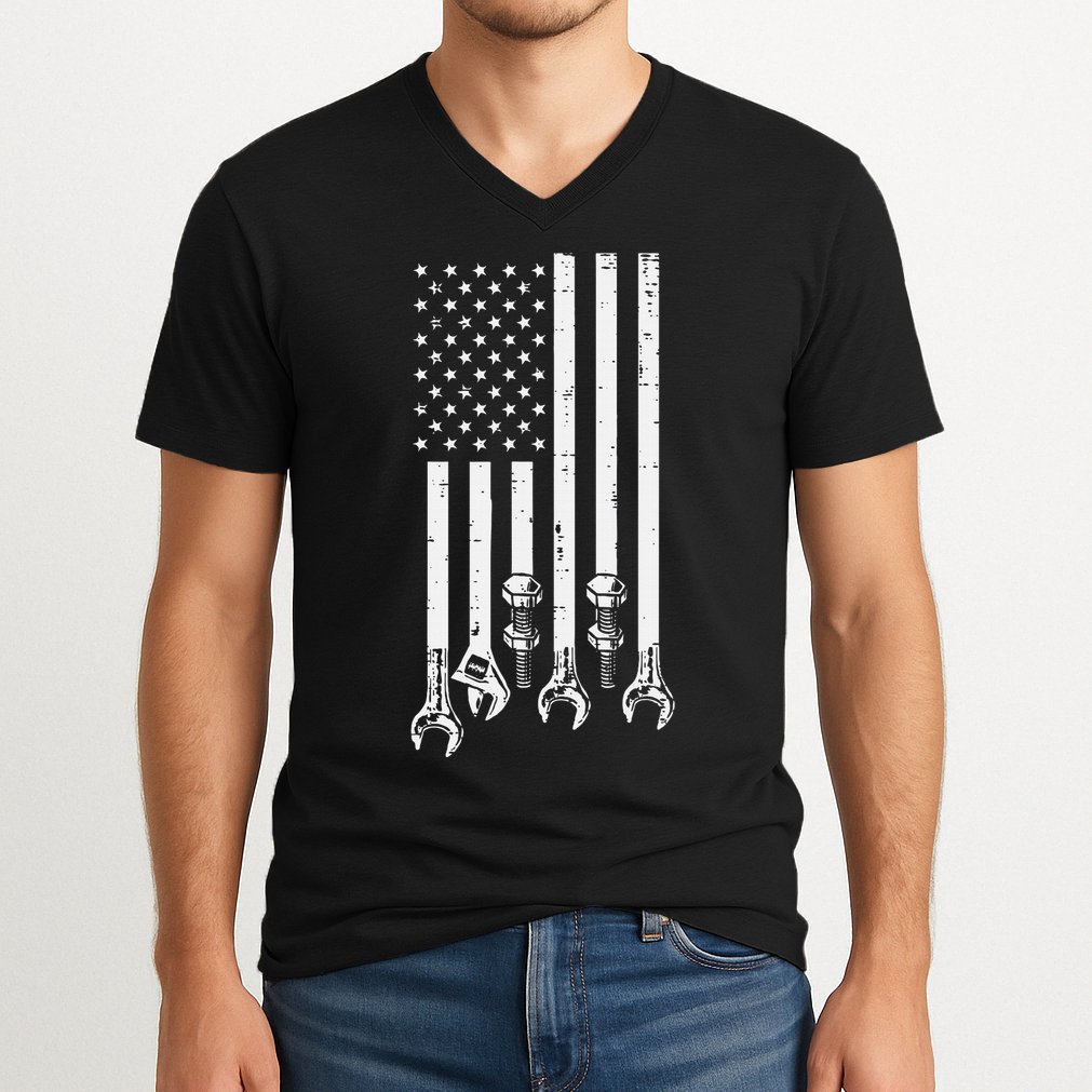 Wrench Usa American Flag Car Mechanic Garage Patriotic V-Neck T-Shirt