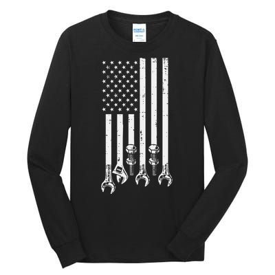 Wrench Usa American Flag Car Mechanic Garage Patriotic Tall Long Sleeve T-Shirt