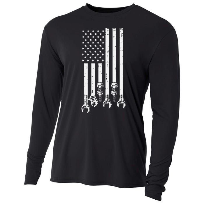 Wrench Usa American Flag Car Mechanic Garage Patriotic Cooling Performance Long Sleeve Crew