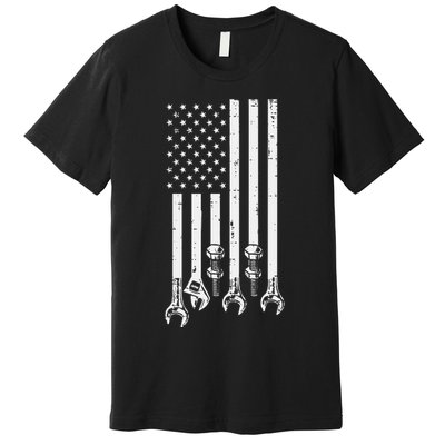 Wrench Usa American Flag Car Mechanic Garage Patriotic Premium T-Shirt