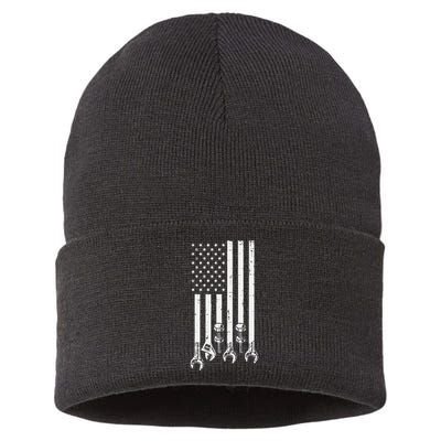 Wrench Usa American Flag Car Mechanic Garage Patriotic Sustainable Knit Beanie