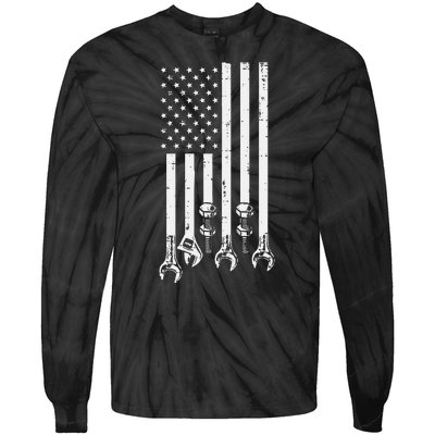 Wrench Usa American Flag Car Mechanic Garage Patriotic Tie-Dye Long Sleeve Shirt