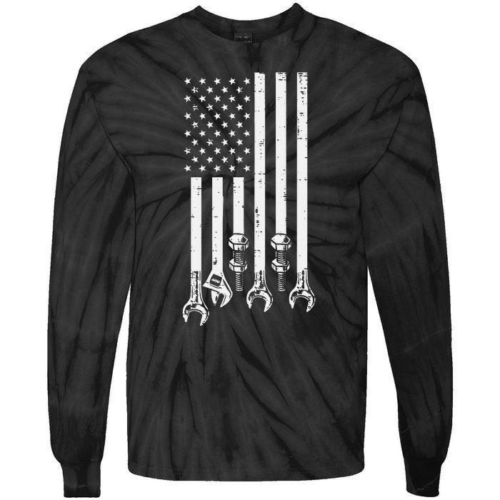 Wrench Usa American Flag Car Mechanic Garage Patriotic Tie-Dye Long Sleeve Shirt