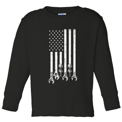 Wrench Usa American Flag Car Mechanic Garage Patriotic Toddler Long Sleeve Shirt