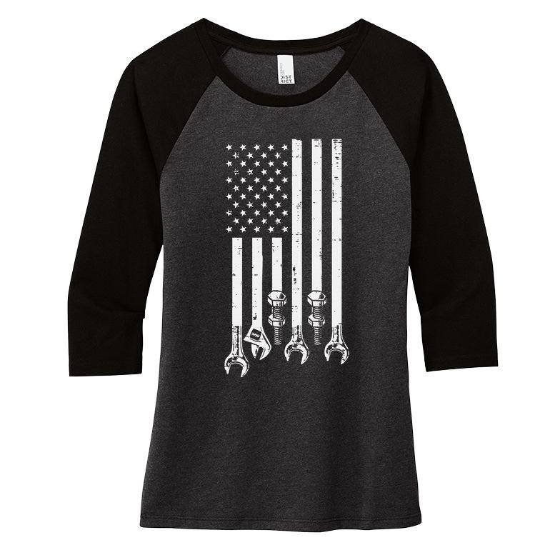 Wrench Usa American Flag Car Mechanic Garage Patriotic Women's Tri-Blend 3/4-Sleeve Raglan Shirt