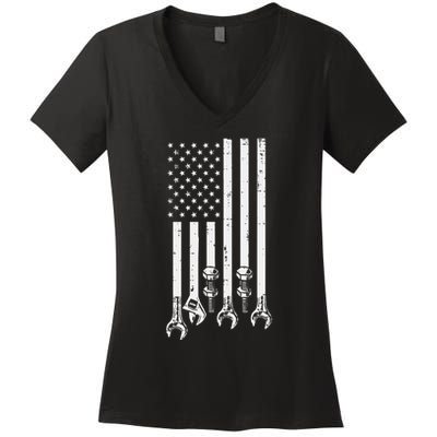 Wrench Usa American Flag Car Mechanic Garage Patriotic Women's V-Neck T-Shirt
