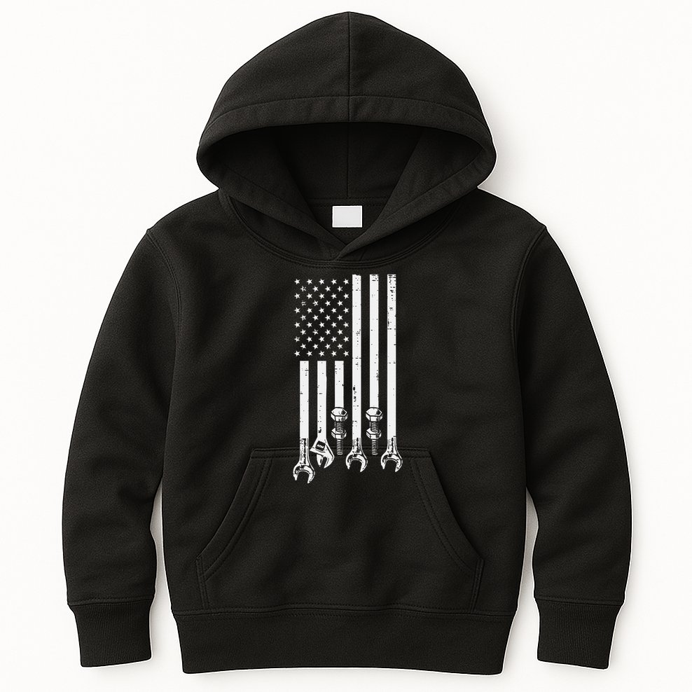 Wrench Usa American Flag Car Mechanic Garage Patriotic Kids Hoodie