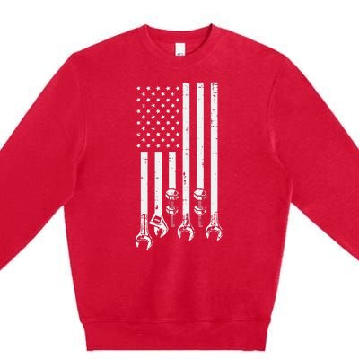 Wrench Usa American Flag Car Mechanic Garage Patriotic Premium Crewneck Sweatshirt