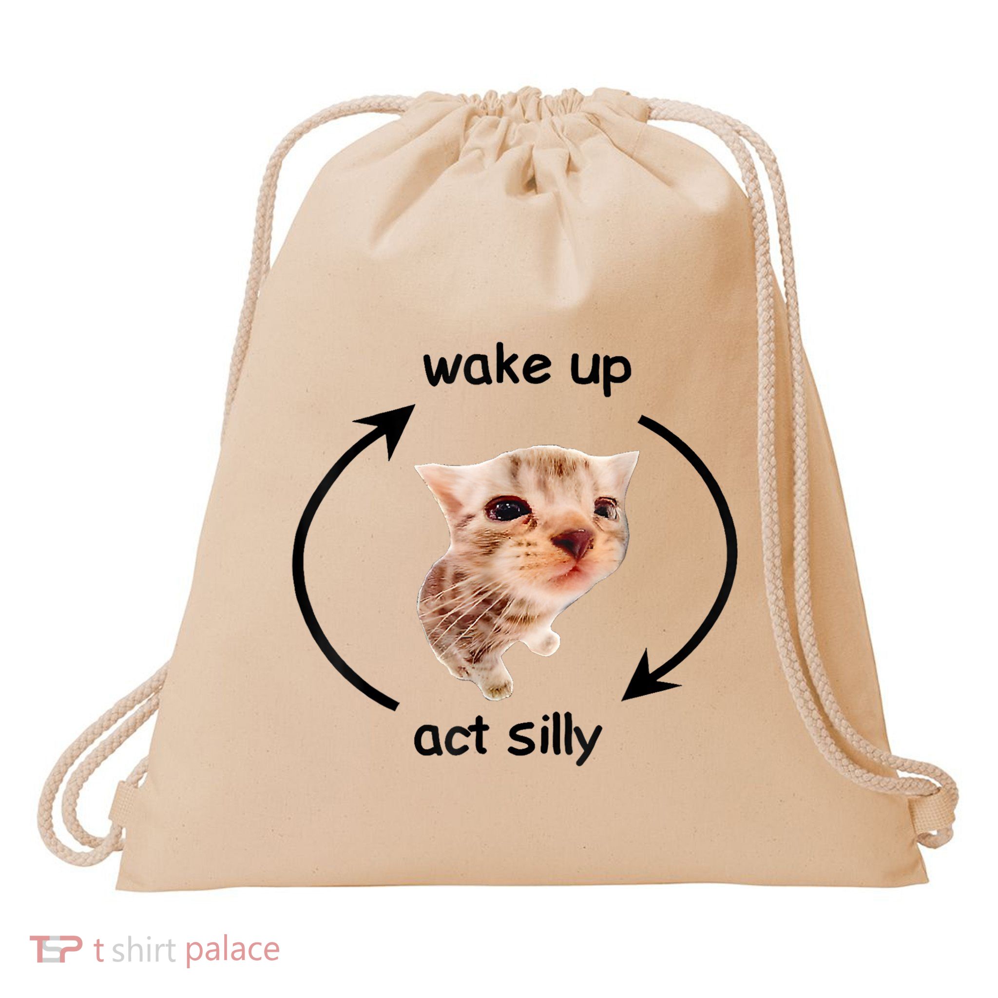 Wake Up Act Silly Cat Meme Drawstring Bag