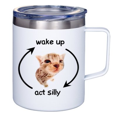 Wake Up Act Silly Cat Meme 12oz Stainless Steel Coffee Mug