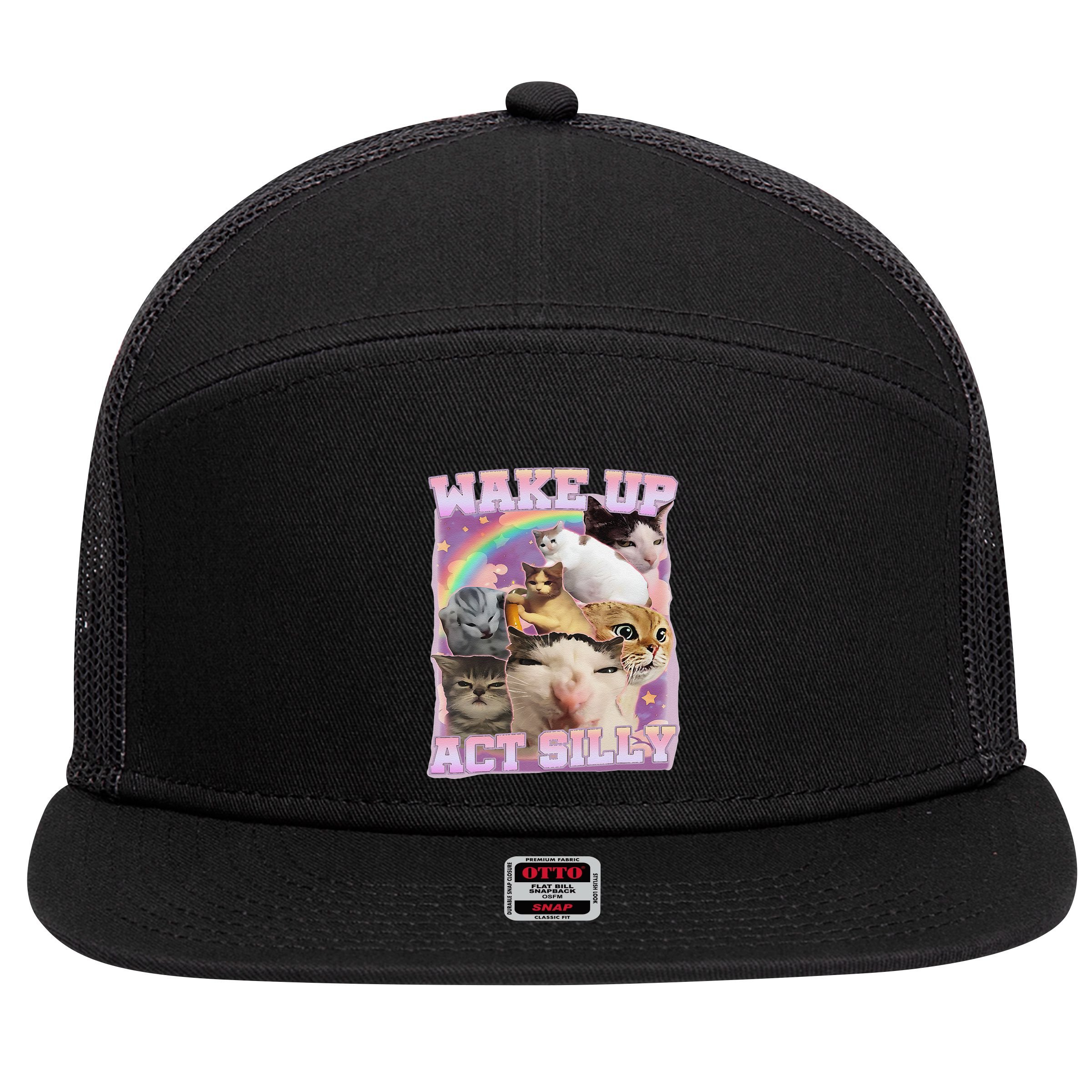 Wake Up Act Silly Funny Cat Meme Lover Cat 7 Panel Mesh Trucker Snapback Hat