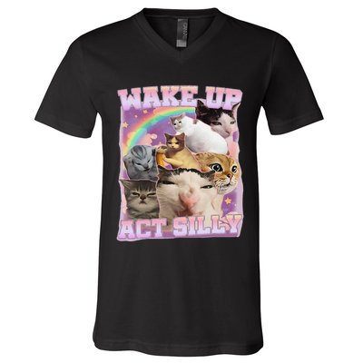 Wake Up Act Silly Funny Cat Meme Lover Cat V-Neck T-Shirt