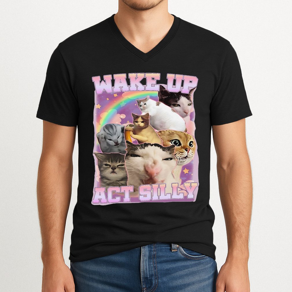 Wake Up Act Silly Funny Cat Meme Lover Cat V-Neck T-Shirt