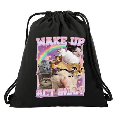 Wake Up Act Silly Funny Cat Meme Lover Cat Drawstring Bag