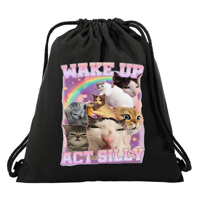 Wake Up Act Silly Funny Cat Meme Lover Cat Drawstring Bag