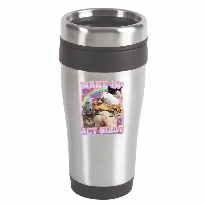 Wake Up Act Silly Funny Cat Meme Lover Cat 16oz Travel Tumbler