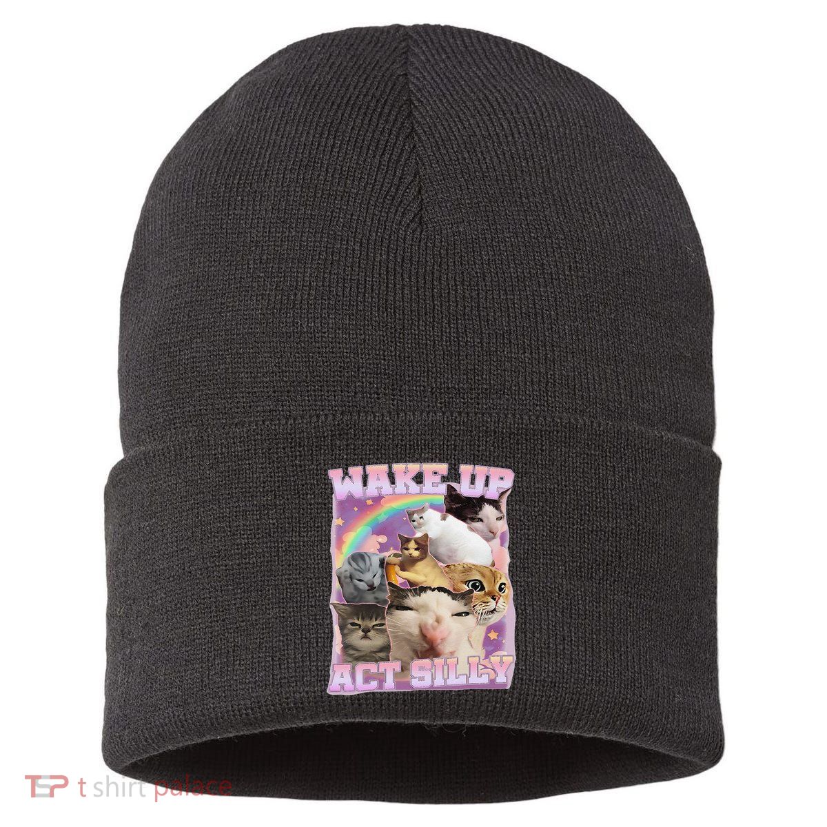 Wake Up Act Silly Funny Cat Meme Lover Cat Sustainable Knit Beanie