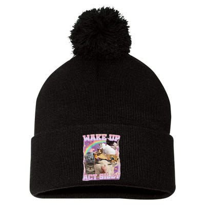 Wake Up Act Silly Funny Cat Meme Lover Cat Pom Pom 12in Knit Beanie