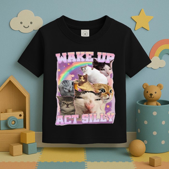 Wake Up Act Silly Funny Cat Meme Lover Cat Toddler T-Shirt