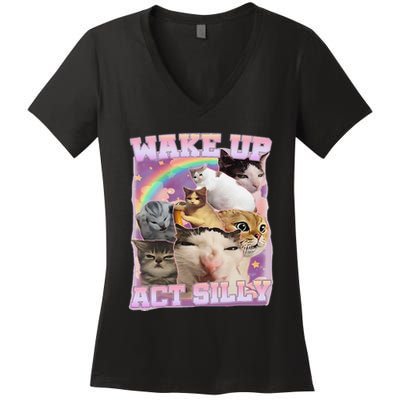 Wake Up Act Silly Funny Cat Meme Lover Cat Women's V-Neck T-Shirt