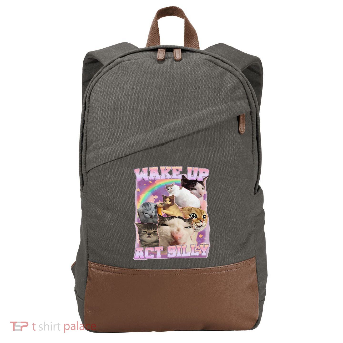 Wake Up Act Silly Funny Cat Meme Lover Cat Cotton Canvas Backpack