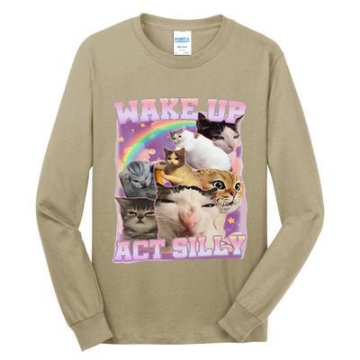 Wake Up Act Silly Funny Cat Meme Lover Cat Tall Long Sleeve T-Shirt