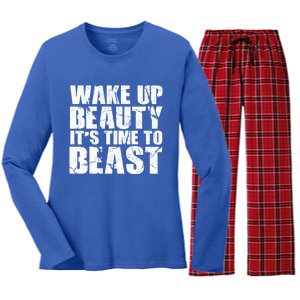 Wake Up Beauty It's Time To Beast Gym Workout Make Up Artist Gift Women's Long Sleeve Flannel Pajama Set 