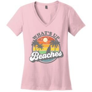 Whats Up Beaches Vacation Palm Trees Retro Beach Sunset Gift Women's V-Neck T-Shirt