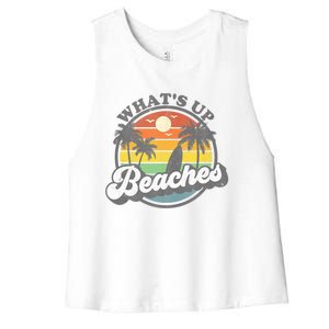 Whats Up Beaches Vacation Palm Trees Retro Beach Sunset Gift Women's Racerback Cropped Tank