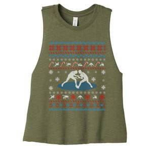 Wrestling Ugly Christmas Sweater Funny Funny Gift For Wrestler Gift Women's Racerback Cropped Tank