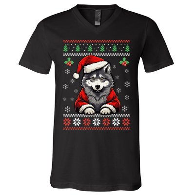 Wolf Ugly Christmas Sweater Wolves Xmas V-Neck T-Shirt
