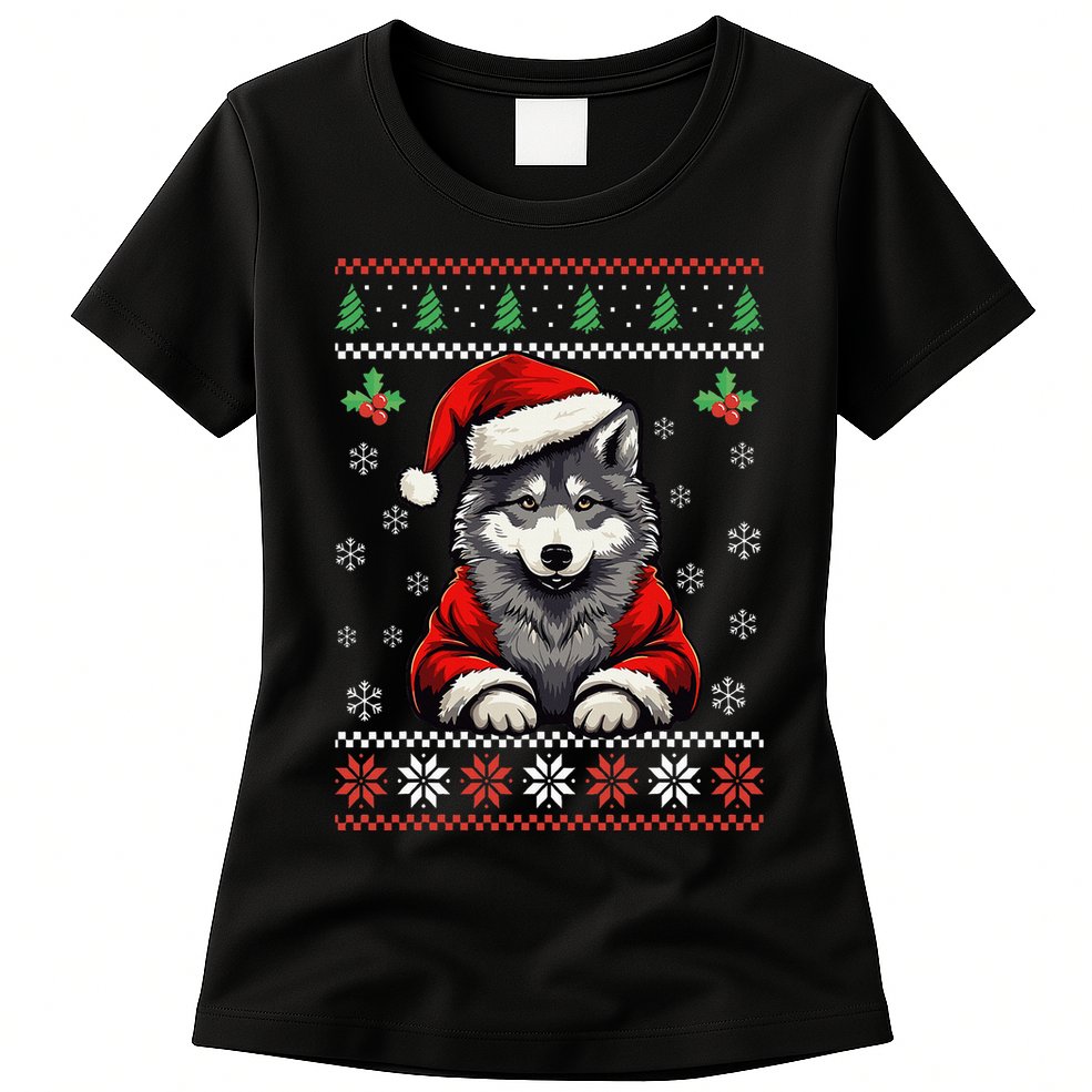 Wolf Ugly Christmas Sweater Wolves Xmas Womens T-Shirt