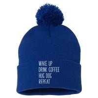 Wake Up Coffee Hug Dog Repeat Slogan Funny Gift Pom Pom 12in Knit Beanie