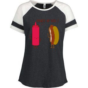 What Up Dog Ketchup Hot Dog Enza Ladies Jersey Colorblock Tee