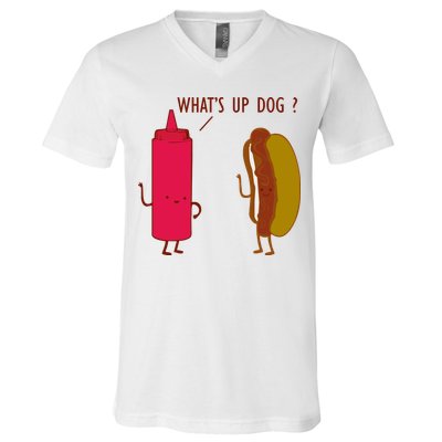 What Up Dog Ketchup Hot Dog V-Neck T-Shirt