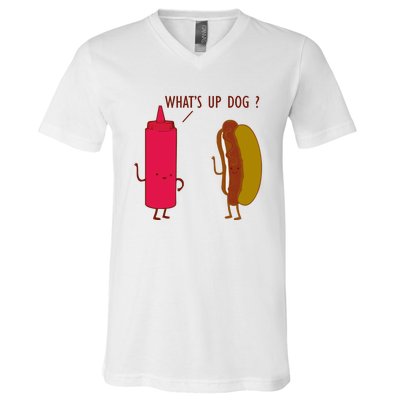 What Up Dog Ketchup Hot Dog V-Neck T-Shirt