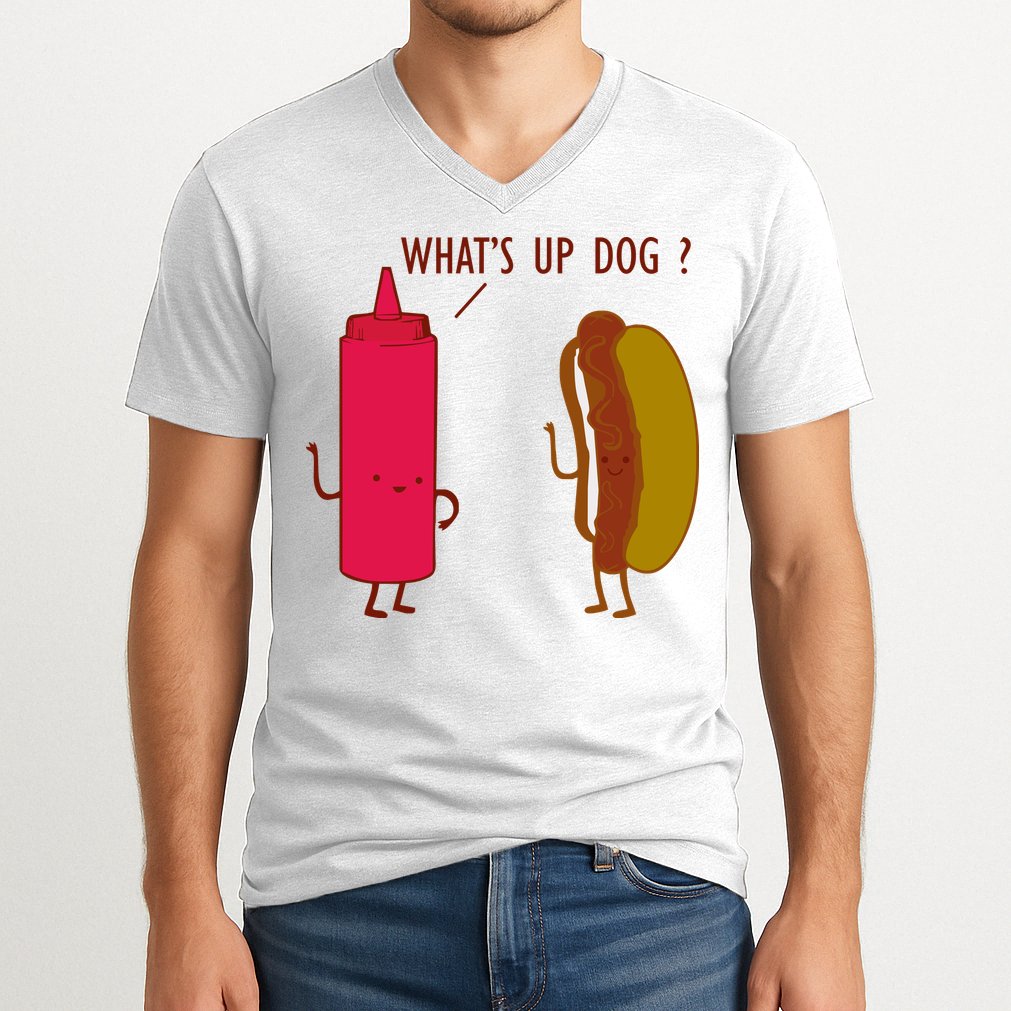What Up Dog Ketchup Hot Dog V-Neck T-Shirt