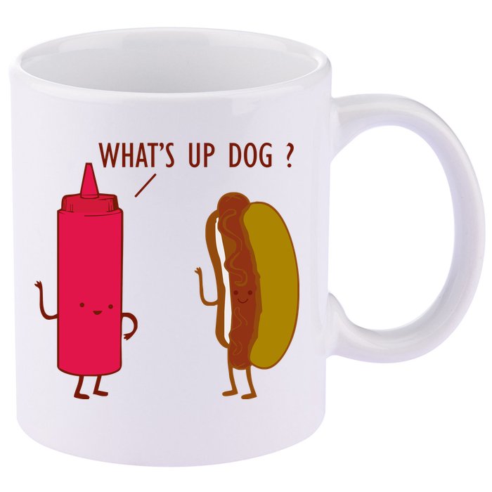 What Up Dog Ketchup Hot Dog 11oz C Handle Ceramic Mug