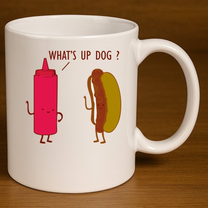 What Up Dog Ketchup Hot Dog 11oz C Handle Ceramic Mug