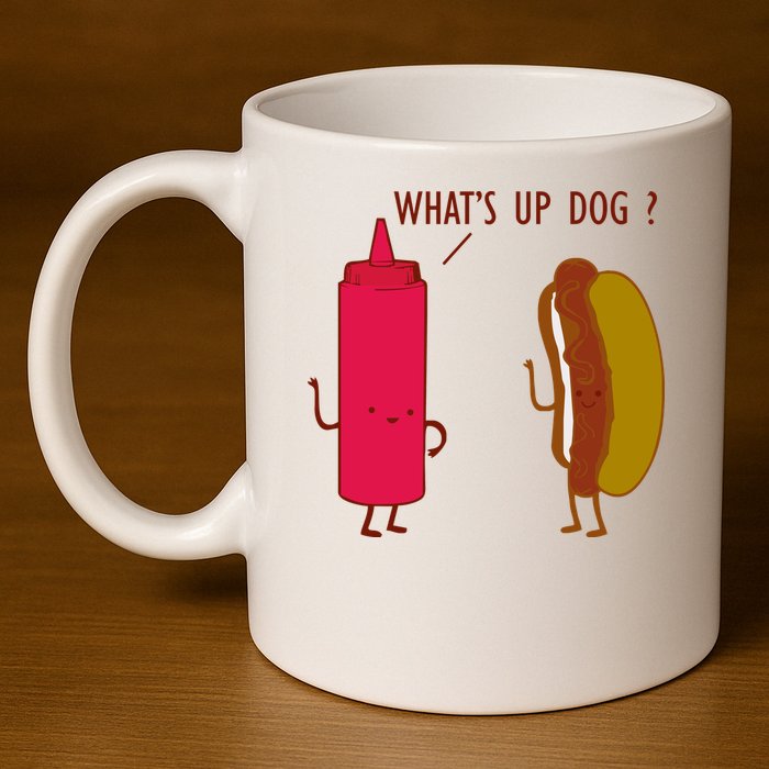 What Up Dog Ketchup Hot Dog 11oz C Handle Ceramic Mug