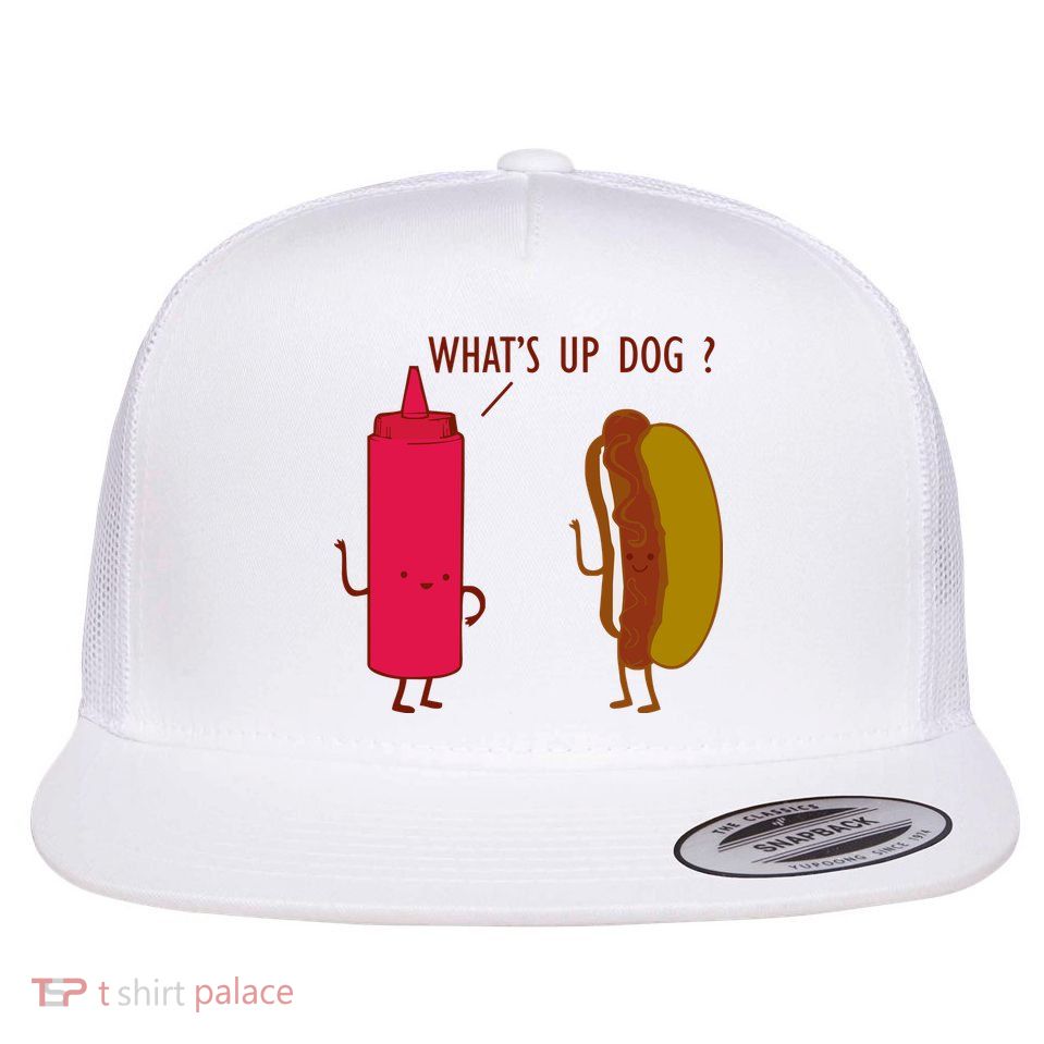 What Up Dog Ketchup Hot Dog Flat Bill Trucker Hat