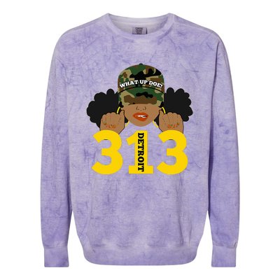 What Up Doe 313 Detroit Black Woman Camo Afro Puffs Colorblast Crewneck Sweatshirt