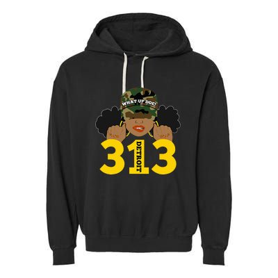 What Up Doe 313 Detroit Black Woman Camo Afro Puffs Garment-Dyed Fleece Hoodie