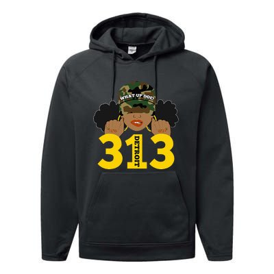 What Up Doe 313 Detroit Black Woman Camo Afro Puffs Performance Fleece Hoodie