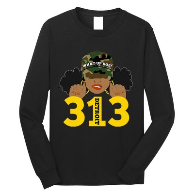 What Up Doe 313 Detroit Black Woman Camo Afro Puffs Long Sleeve Shirt