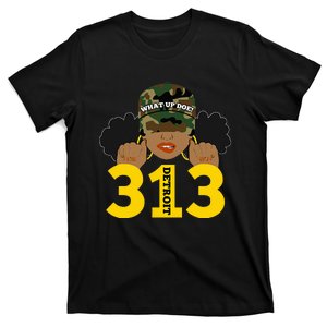 What Up Doe 313 Detroit Black Woman Camo Afro Puffs T-Shirt