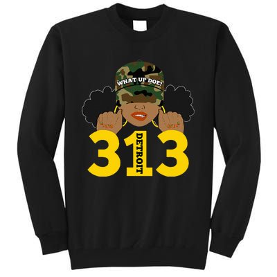 What Up Doe 313 Detroit Black Woman Camo Afro Puffs Tall Sweatshirt